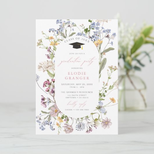 Wildflower Afstudeerfeest Uitnodiging Meisje Boho (Staand voorkant)