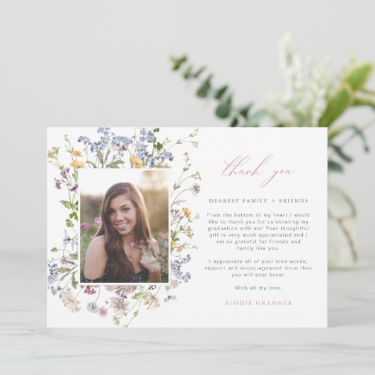Wildflower Afstuderen Dank u kaart 3 foto's Boho (Staand voorkant)