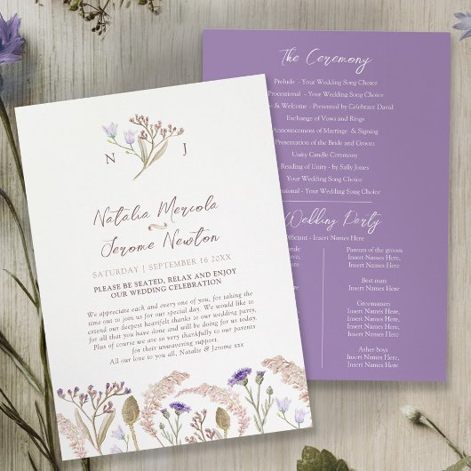 Wildflower and grasses watercolor wedding program programma