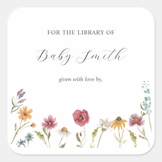 Wildflower Baby shower Bookplate Vierkante Sticker (Voorkant)