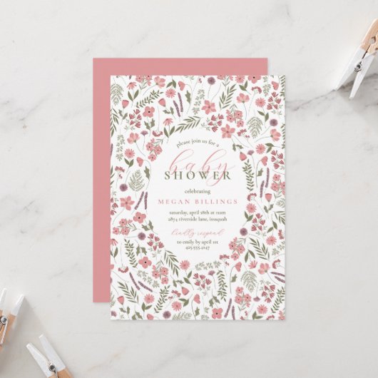wildflower baby shower invitation - pink (Devant/Arrière en situation)