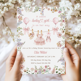 Wildflower Baby Shower Invitation, Pink Bow Floral Kaart