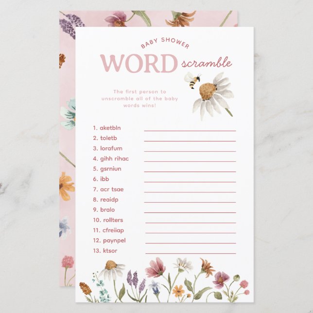 Wildflower Baby shower Word Scramble Game (Voorkant / Achterkant)