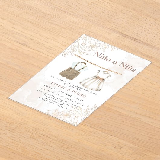 Wildflower Babykleding Spaans Geslacht Onthulling Acryl Uitnodigingen (Laagn)