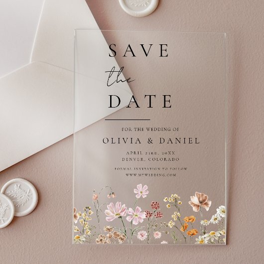 Wildflower Beige Boho Save the Date Minimalist Acryl Uitnodigingen