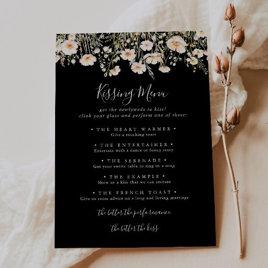 Wildflower Black Wedding Kissing Menu Game Kaart