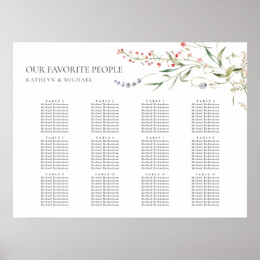 Wildflower bloementuin bruiloft 12 tafel zitplaats poster (Voorkant)