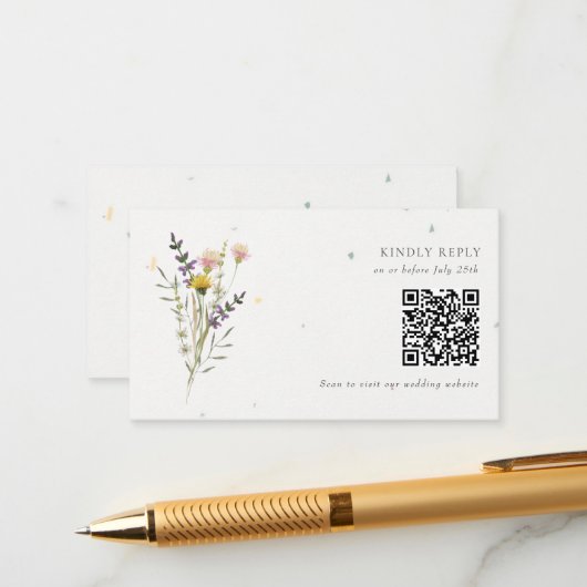 Wildflower Bloementuin QR Code Bruiloft RSVP Informatiekaartje (Voorkant / Achterkant in situ)