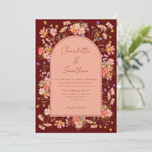 Wildflower Boho Arch Terracotta Peach Fall Wedding Kaart (Staand voorkant)