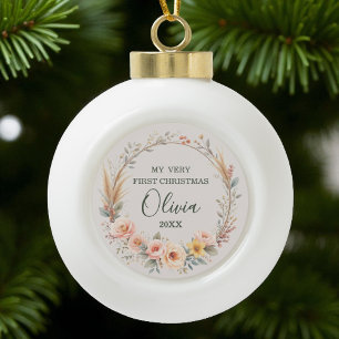 Wildflower Boho Baby Eerste kerst Personaliseren Keramische Bal Ornament