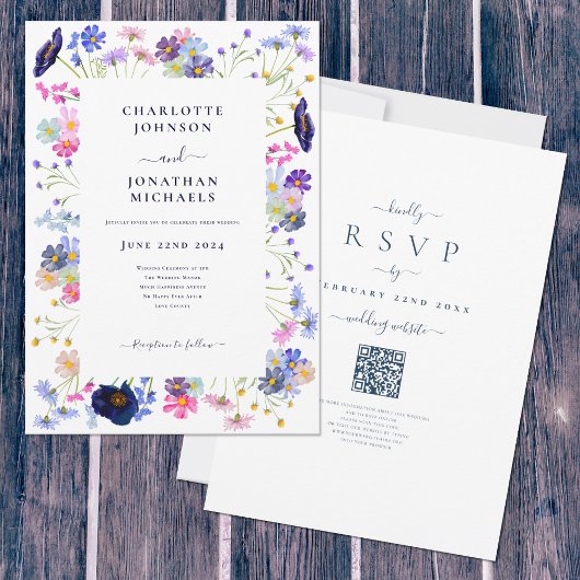 Wildflower Boho Blue QR Code Bruiloft Kaart