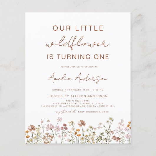 Wildflower Boho eerste verjaardag tuin uitnodiging (Voorkant)