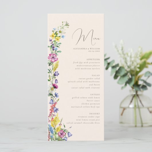 Wildflower Boho Waterverf Bloemen Bruiloft Menu (Staand voorkant)