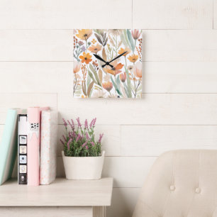 Wildflower Boho Waterverf Floral Pastel Decor Vierkante Klok