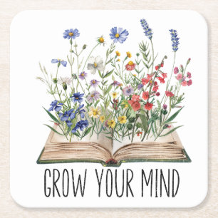  Wildflower Book Lover Grow Your Mind Quote Vierkante Kartonnen Onderzetter