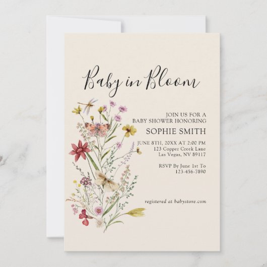 Wildflower Botanical Baby in Bloom Invitation Kaart (Voorkant)