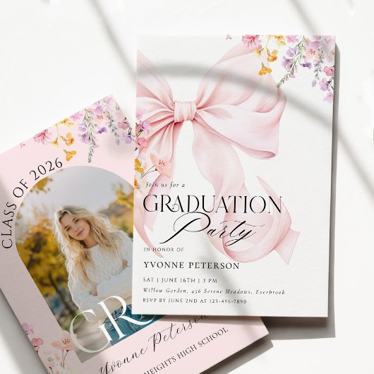 Wildflower & Bow Graduation Invitation Kaart