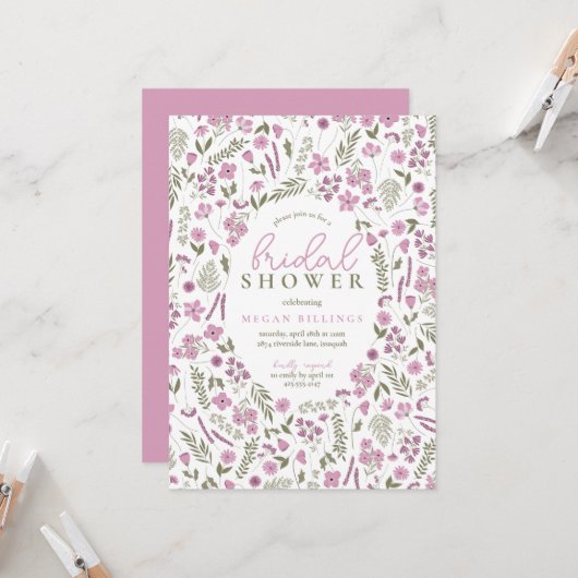 wildflower bridal shower invitation - purple (Devant/Arrière en situation)