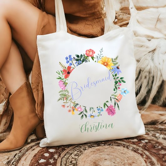 Wildflower Bruidsmeisje Script Wedding Tote Bag