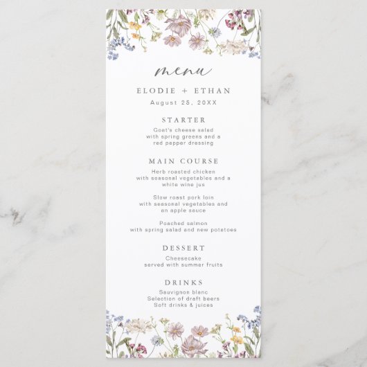 Wildflower bruiloft menu grillige Boho bloemen (Voorkant)