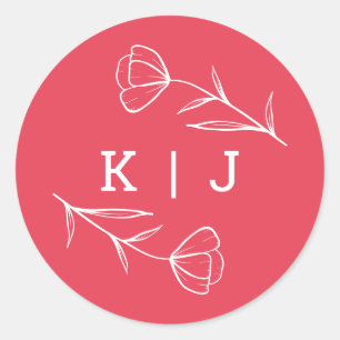 Wildflower bruiloft Monogram Sticker in Roos