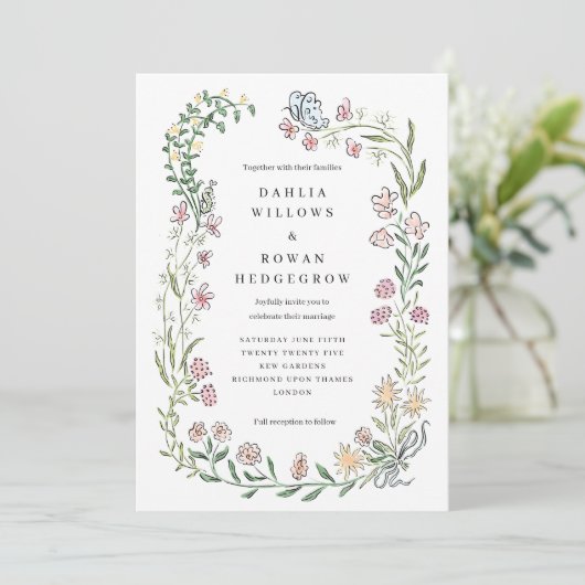 Wildflower bruiloft uitnodiging Kaart met lint boo (Staand voorkant)