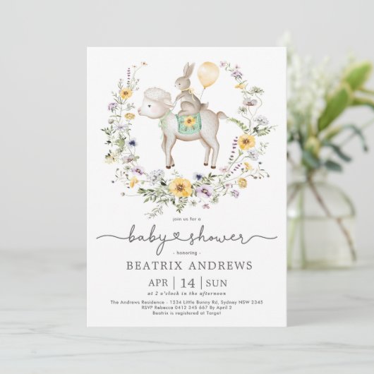 Wildflower Bunny Lamb ballon neutraal Baby shower Kaart (Staand voorkant)