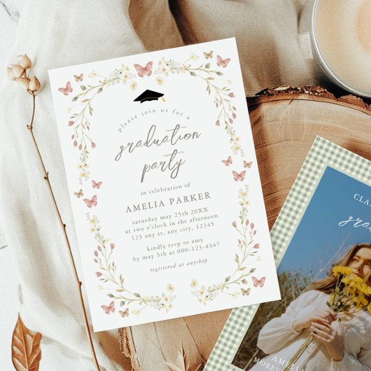 Wildflower Butterfly Pink & Sage Foto Afstuderen Kaart