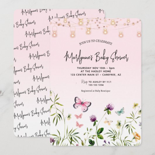 Wildflower Butterfly Roze Script Baby shower Kaart (Voorkant / Achterkant)
