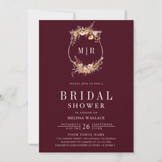 Wildflower Crest QR Code Bourgogne Vrijgezellenfee Kaart (Voorkant)