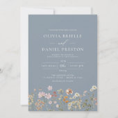 Wildflower Dusty Blue All in One QR Code Wedding Kaart (Voorkant)