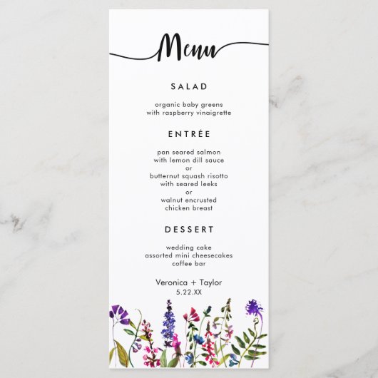 Wildflower Eenvoudig 3 gangen bruiloft menu (Voorkant)