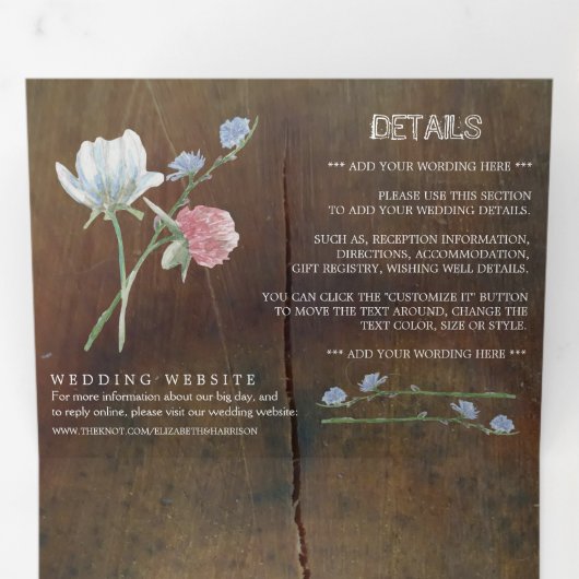 Wildflower eiken houten trouwsuite drieluik uitnodiging (Binnenzijde eerst)