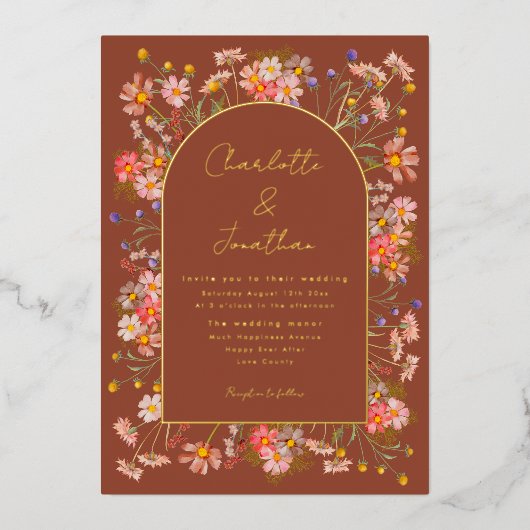 Wildflower Fall Wedding Verbrand Sinaasappel Folie Uitnodiging (Voorkant)