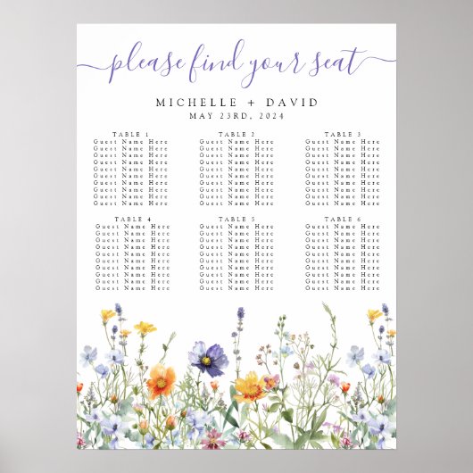 Wildflower Field Wedding Seating Chart Poster (Voorkant)