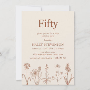 Wildflower Fifty Beige Terracotta 50ste verjaardag Kaart