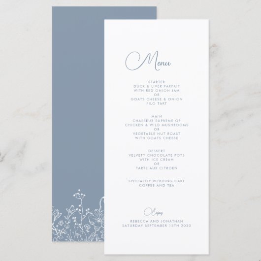 Wildflower Floral Elegant Stoffig Blauw Bruiloft M Menu (Voorkant / Achterkant)