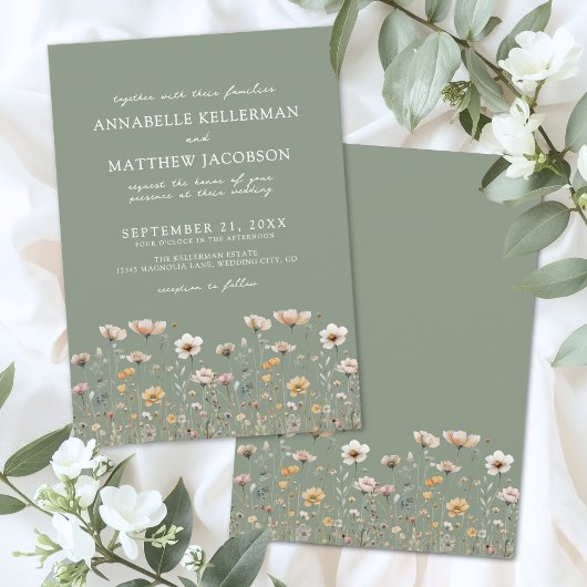 Wildflower Floral Green Wedding Kaart