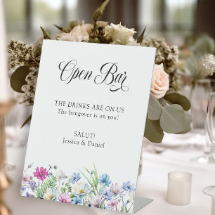 Wildflower Garden en Fun Open Bar Bruiloft Reclamebord Met Voetstuk