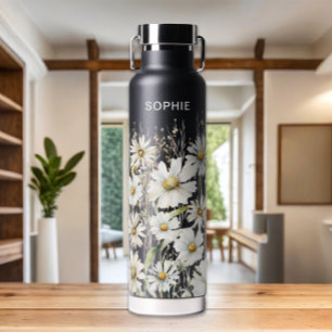 Wildflower Gepersonaliseerde Naam Bloemen Zwart Waterfles
