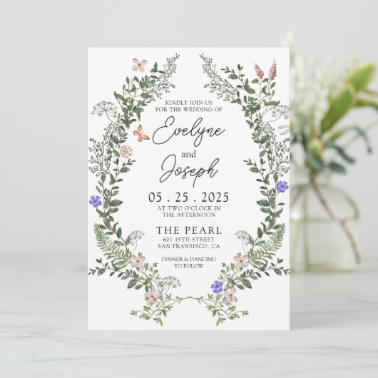 Wildflower groen grillige krans bruiloft kaart (Staand voorkant)