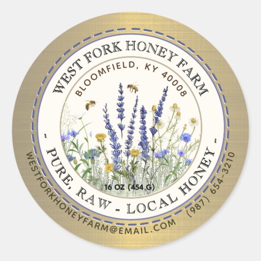 Wildflower Honey Label Bijen en Dashed Border Gold (Voorkant)