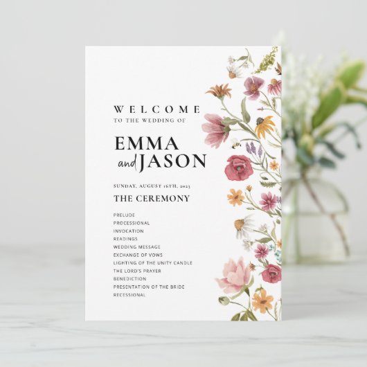 Wildflower Huwelijksprogramma Kaart (Staand voorkant)