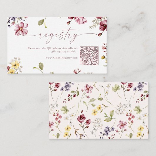 Wildflower Kalligrafie Mauve QR Code Gift Registry Informatiekaartje (Voorkant / Achterkant)