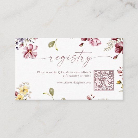 Wildflower Kalligrafie Mauve QR Code Gift Registry Informatiekaartje (Voorkant)