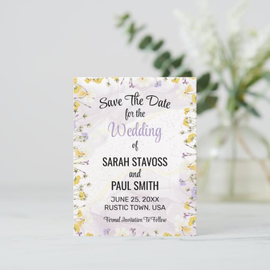Wildflower Lavendel en Gele Bloemen bruiloft Save The Date (Staand voorkant)