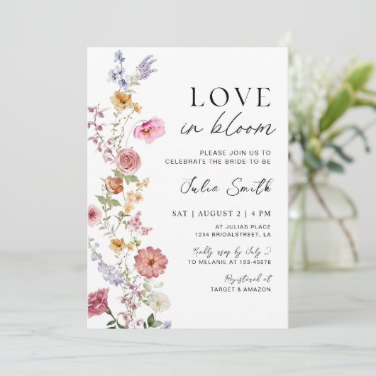 Wildflower Liefde in Bloom Bruidsdouche Uitnodigin Kaart (Staand voorkant)