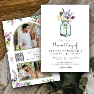 Wildflower Mason Jar Photo Collage QR Code Wedding Kaart