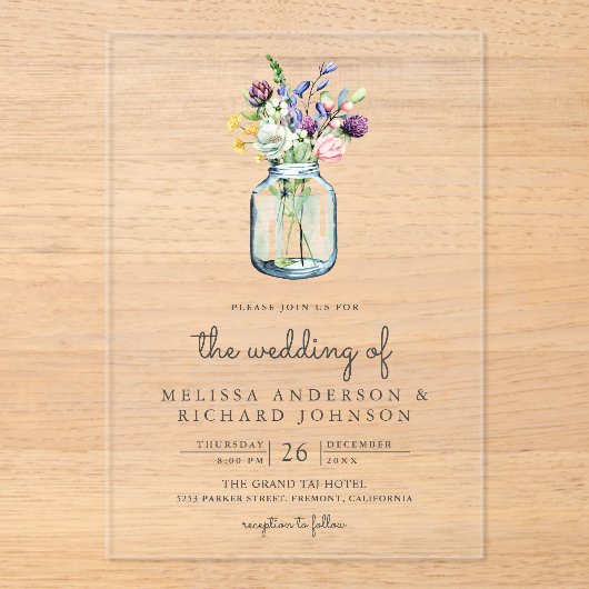 Wildflower Mason Jar Wedding Acryl Uitnodigingen (Voorkant)