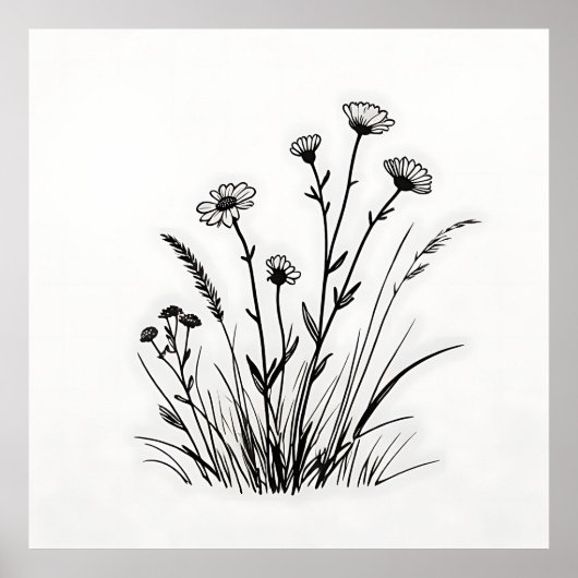 Wildflower Meadow Daisies Line Art Poster (Voorkant)